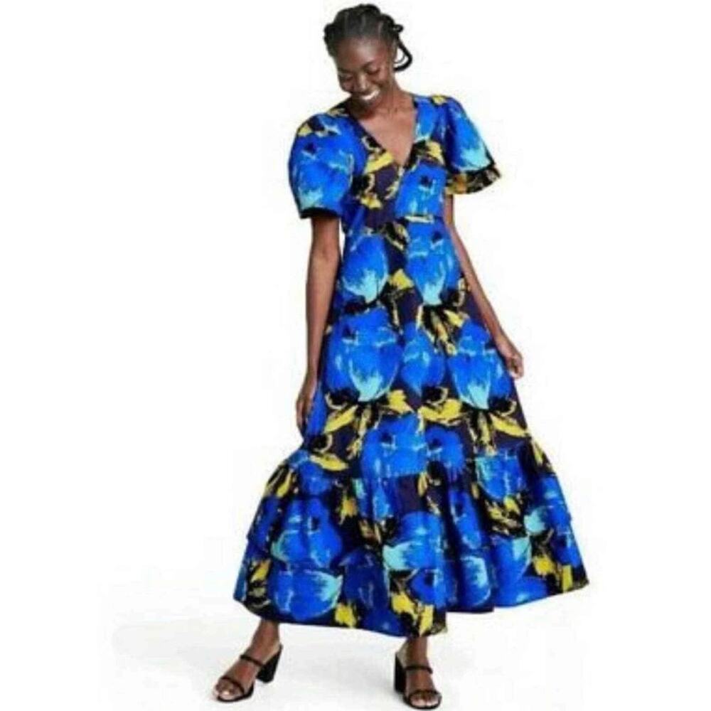 Christopher John Rogers x Target Floral Tiered Puff Sleeve Dress Blue Size 12 - Picture 3 of 12